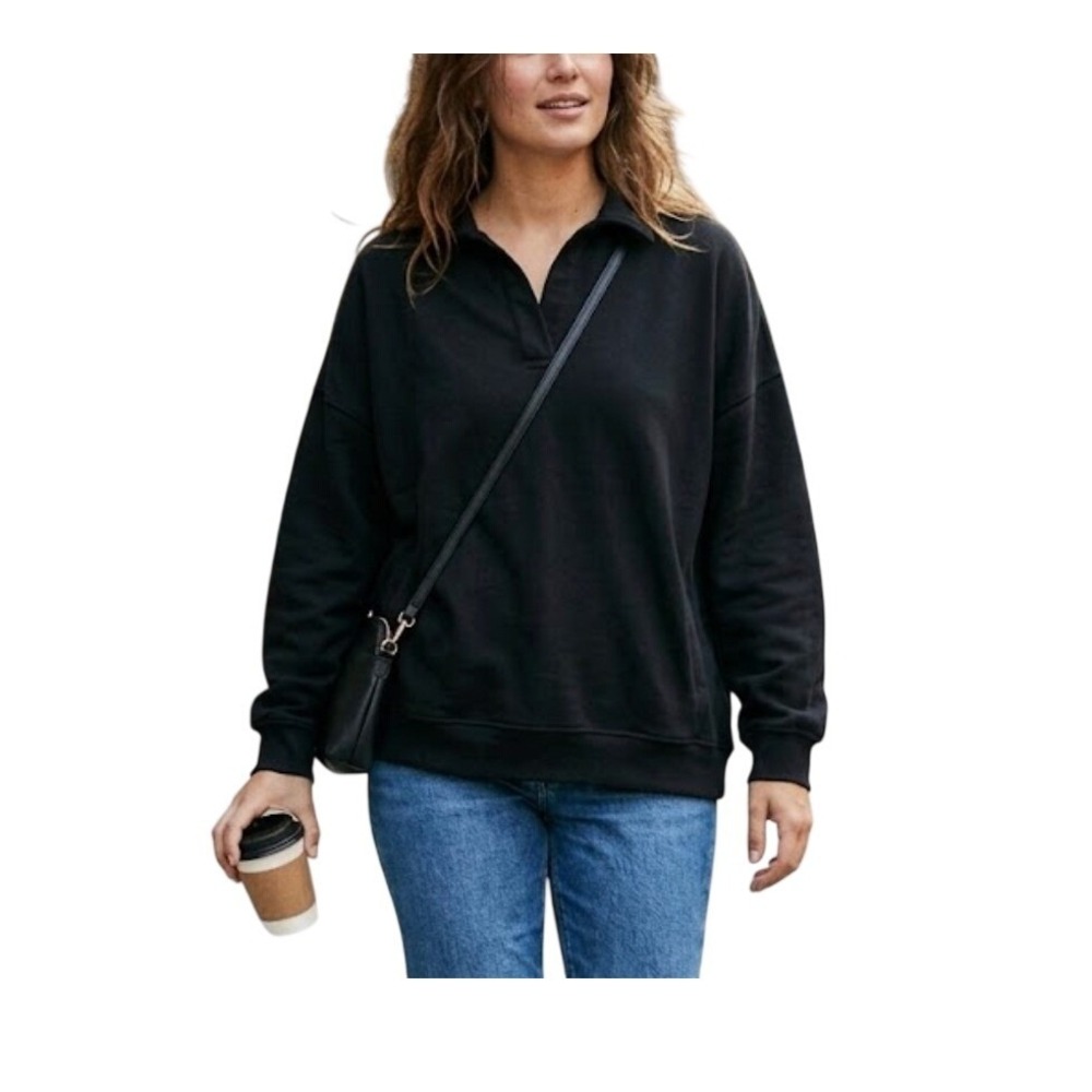 If It Were Me Johnny Collar Sweatshirt Black French Terry Knit Long Sleeve S